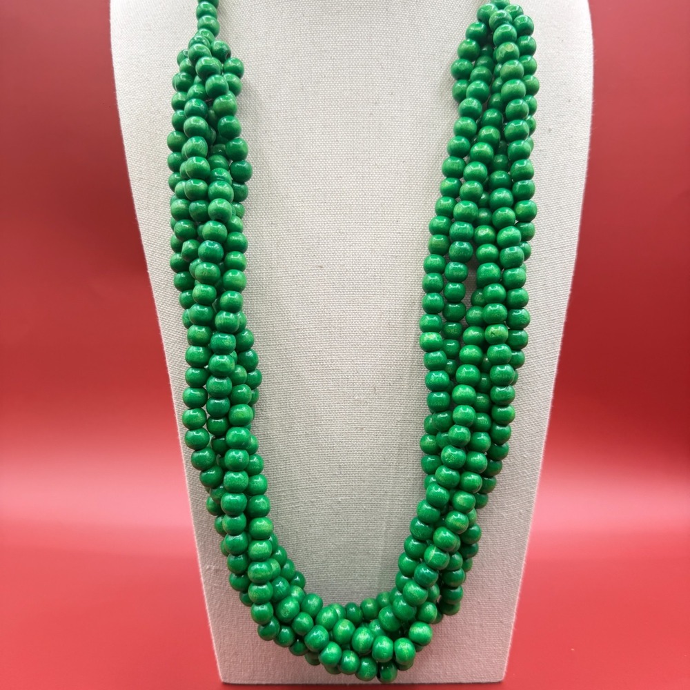 Green Wooden Bead Multi Strand Necklace Chunky Boho Statement Vintage Style